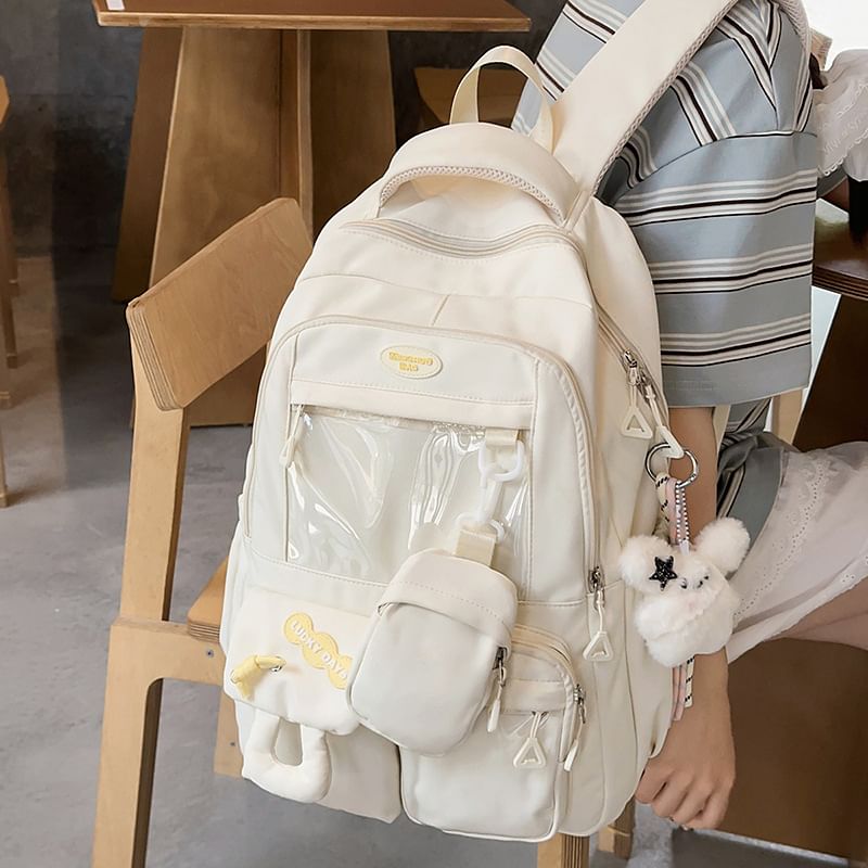 Applique Coin PVC Buckled Purse Nylon Panel With Backpack