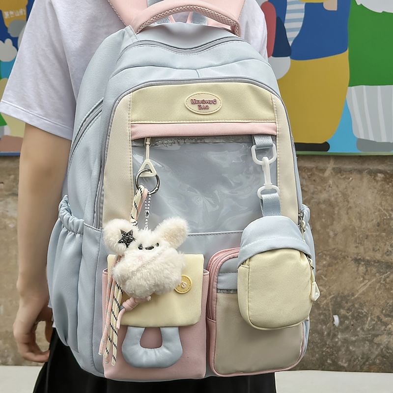 Applique Coin PVC Buckled Purse Nylon Panel With Backpack