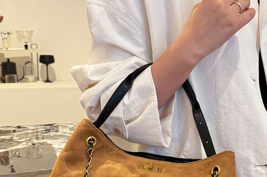 Quilted Chain Suede Crossbody Tote Bag Strap Faux