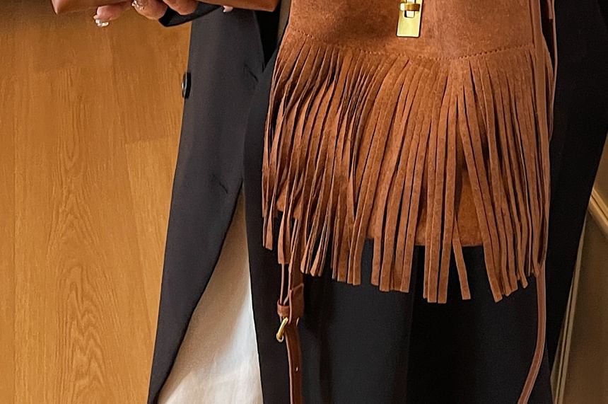 With Fringe Plain Crossbody Pouch Bag Faux Suede