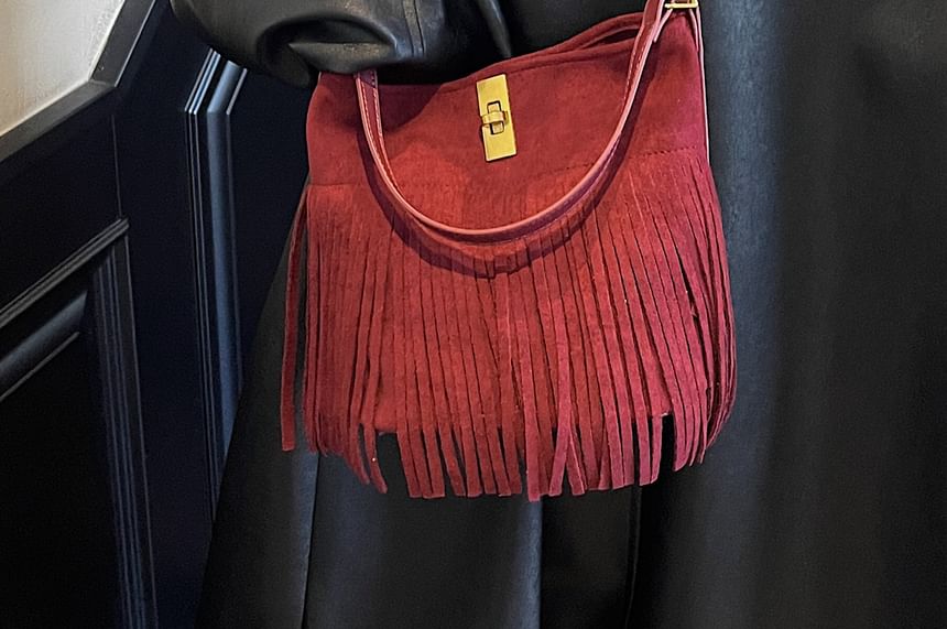 With Fringe Plain Crossbody Pouch Bag Faux Suede
