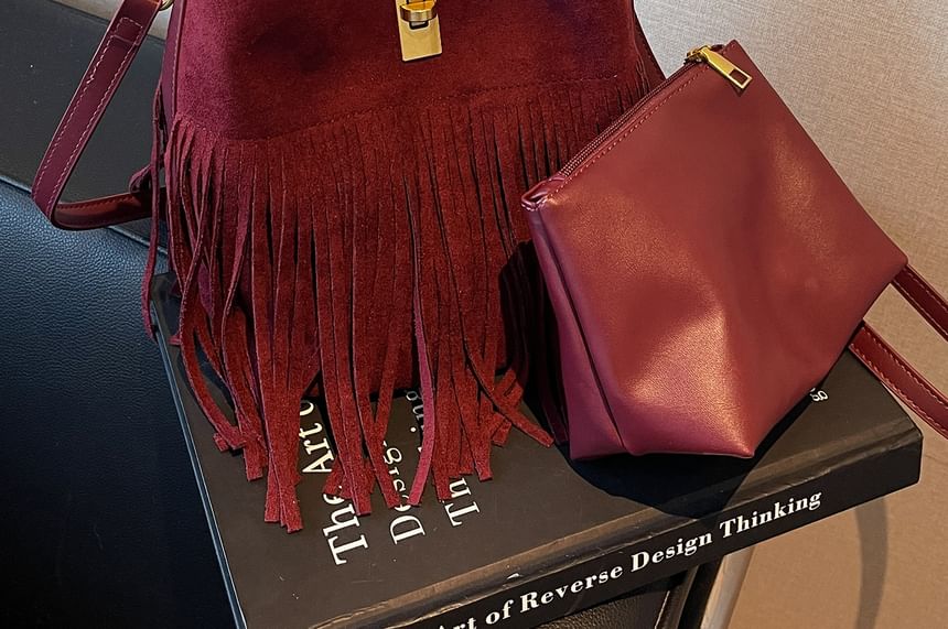 With Fringe Plain Crossbody Pouch Bag Faux Suede