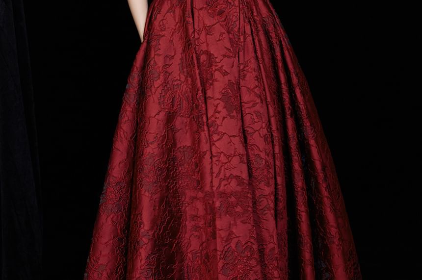 Short-Sleeve Off-Shoulder Floral A-Line Evening Gown