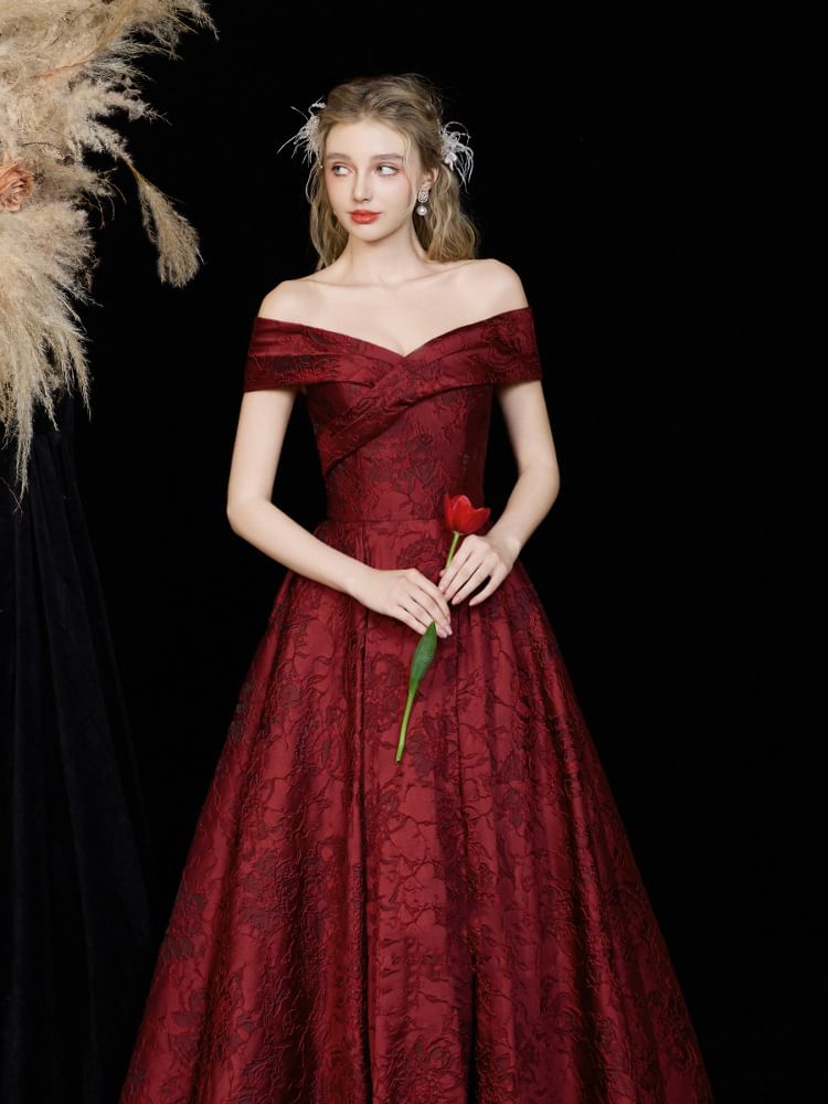 Short-Sleeve Off-Shoulder Floral A-Line Evening Gown