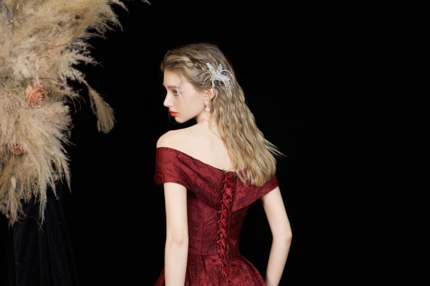 Short-Sleeve Off-Shoulder Floral A-Line Evening Gown