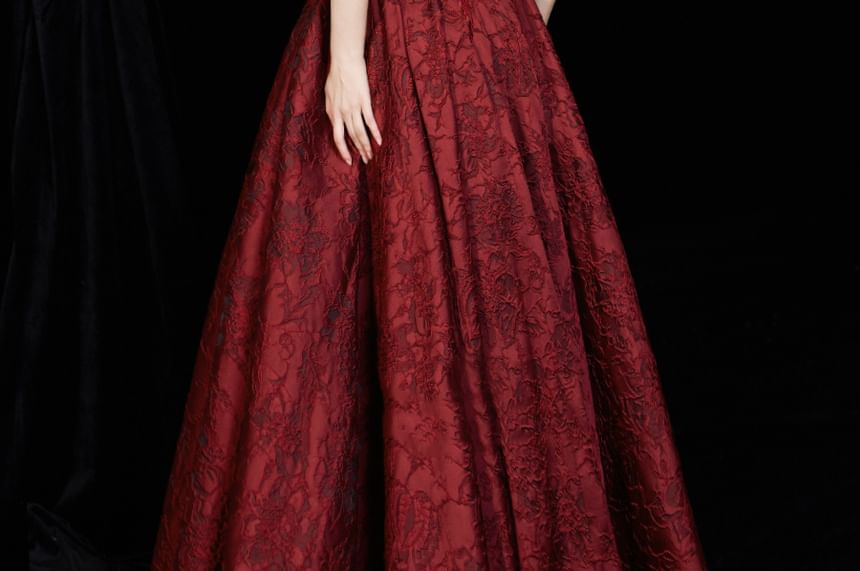 Short-Sleeve Off-Shoulder Floral A-Line Evening Gown