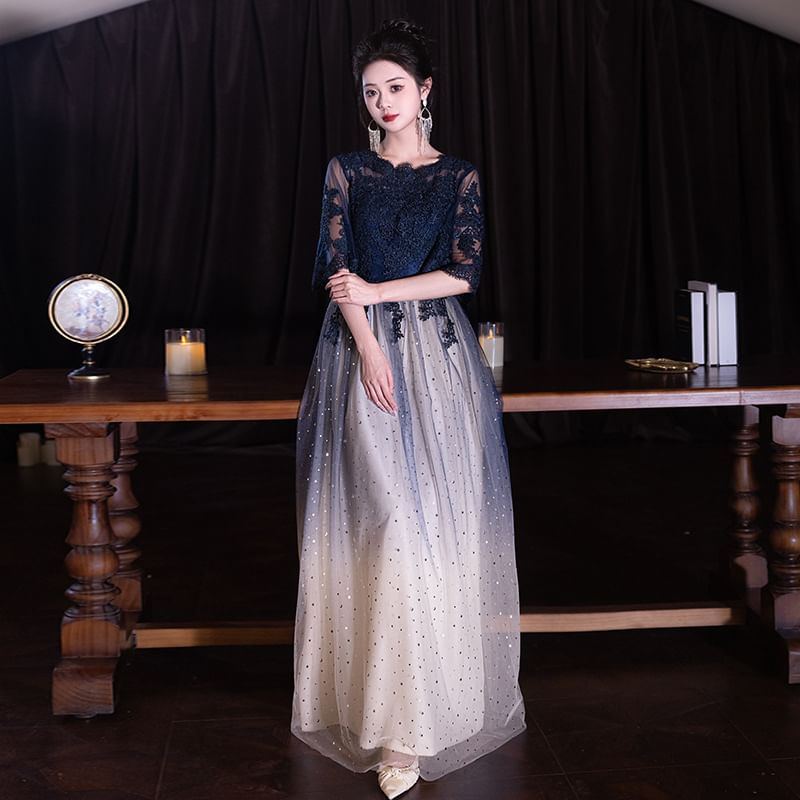 Short-Sleeve Round Neck Lace Panel Gradient Evening Gown / Cocktail Dress (Various Designs)