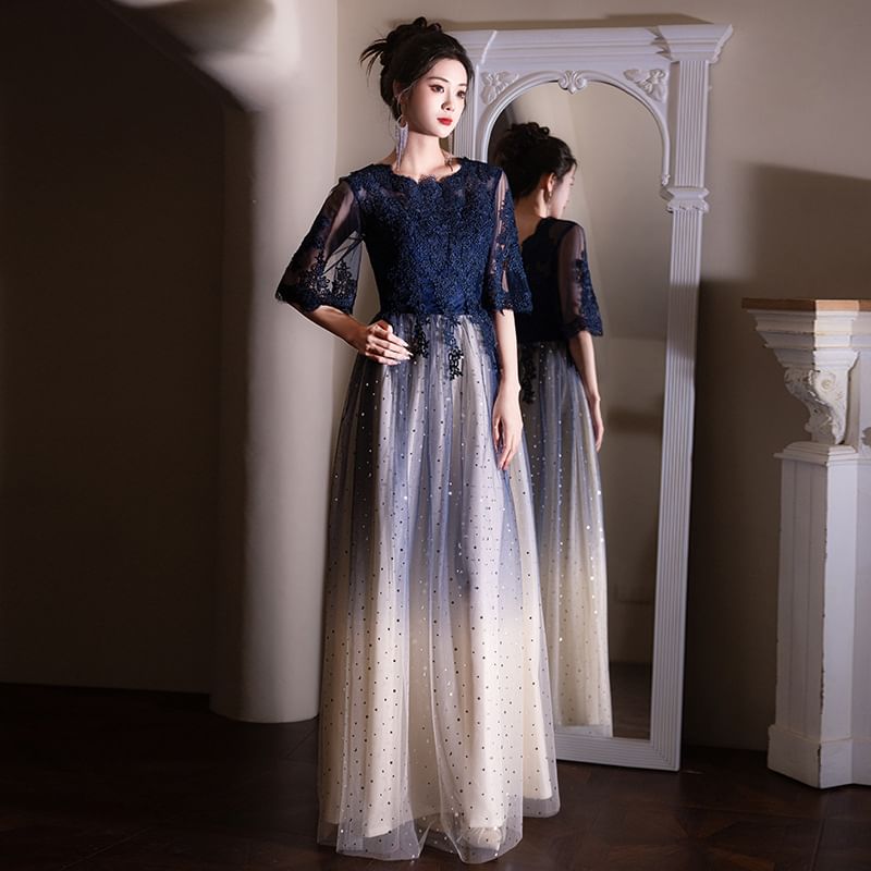 Short-Sleeve Round Neck Lace Panel Gradient Evening Gown / Cocktail Dress (Various Designs)
