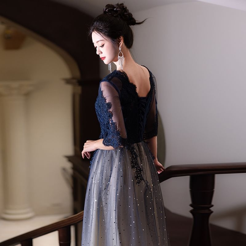 Short-Sleeve Round Neck Lace Panel Gradient Evening Gown / Cocktail Dress (Various Designs)