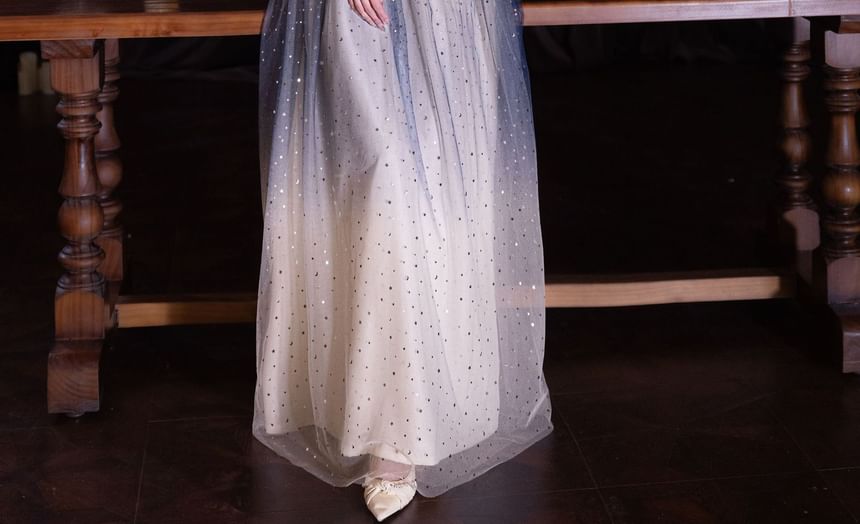 Short-Sleeve Round Neck Lace Panel Gradient Evening Gown / Cocktail Dress (Various Designs)