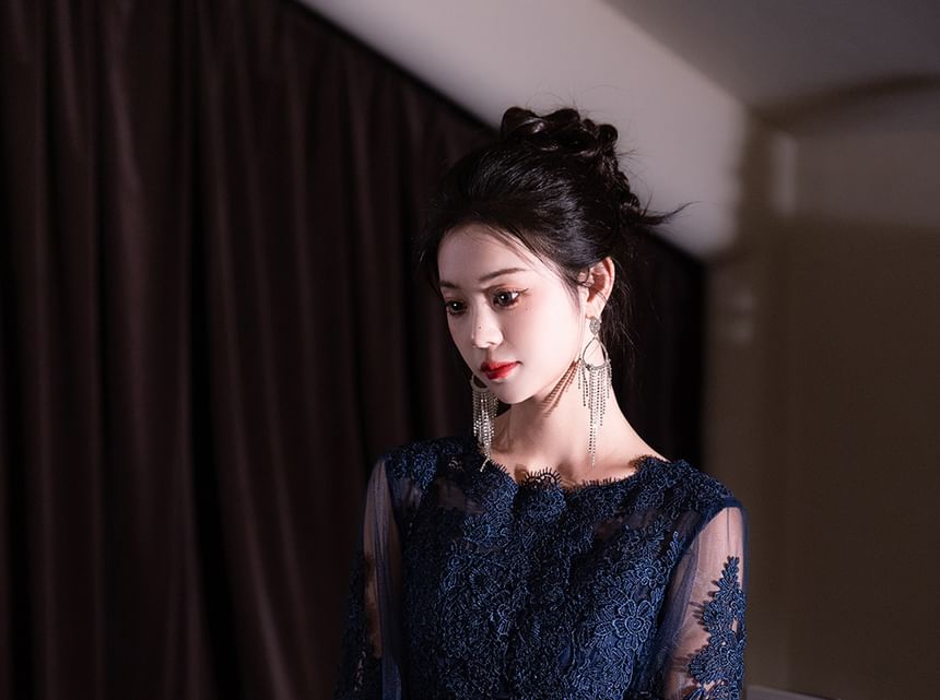 Short-Sleeve Round Neck Lace Panel Gradient Evening Gown / Cocktail Dress (Various Designs)