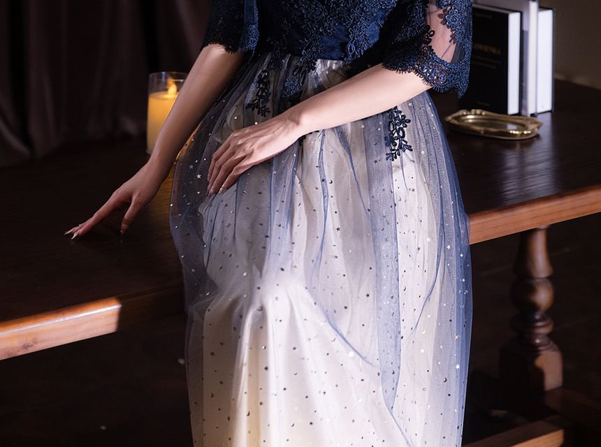 Short-Sleeve Round Neck Lace Panel Gradient Evening Gown / Cocktail Dress (Various Designs)