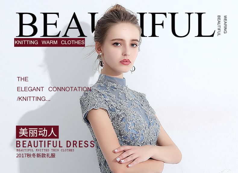 Short-Sleeve Mock Neck Lace Panel Evening Gown / Cocktail Dress