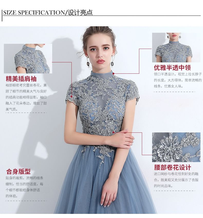 Short-Sleeve Mock Neck Lace Panel Evening Gown / Cocktail Dress