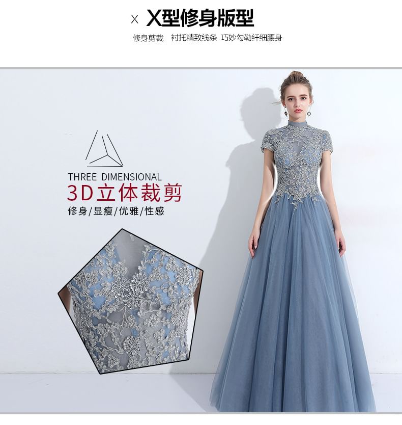 Short-Sleeve Mock Neck Lace Panel Evening Gown / Cocktail Dress