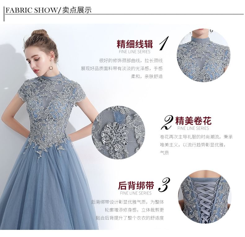 Short-Sleeve Mock Neck Lace Panel Evening Gown / Cocktail Dress