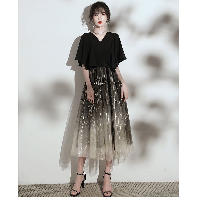 Short-Sleeve V-Neck Glitter Gradient Evening Gown (Various Designs)
