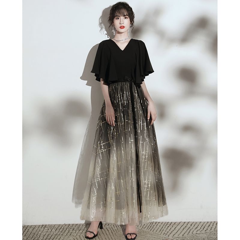 Short-Sleeve V-Neck Glitter Gradient Evening Gown (Various Designs)