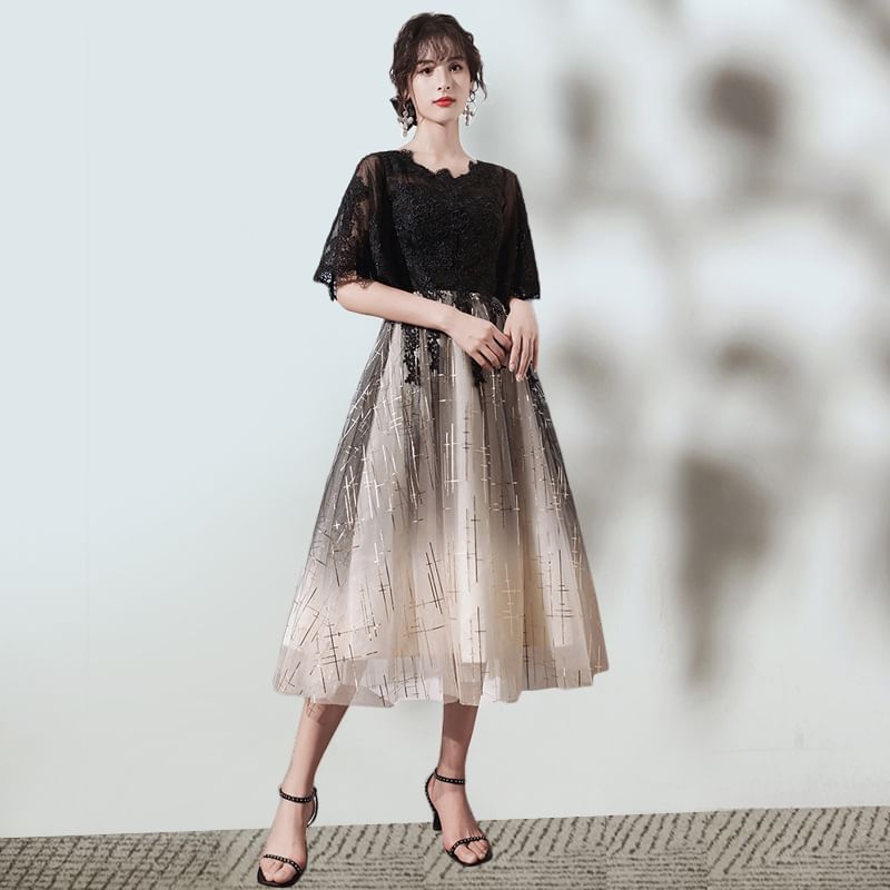 Short-Sleeve V-Neck Glitter Gradient Evening Gown (Various Designs)