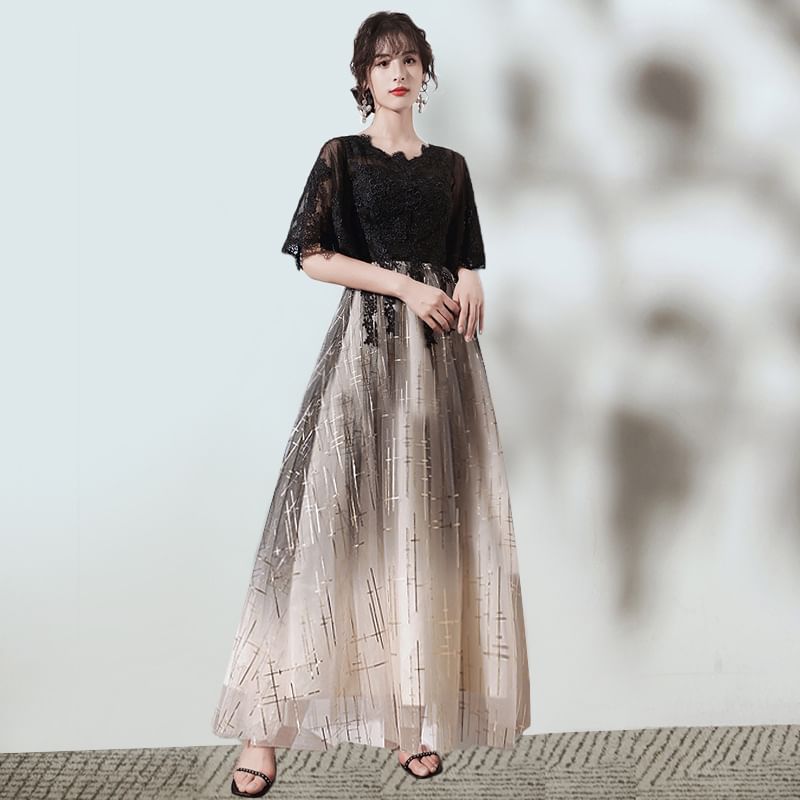 Short-Sleeve V-Neck Glitter Gradient Evening Gown (Various Designs)