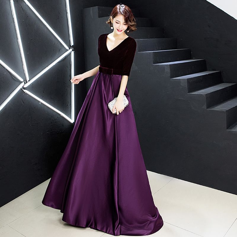 Short-Sleeve V-Neck Plain Velvet A-Line Evening Gown