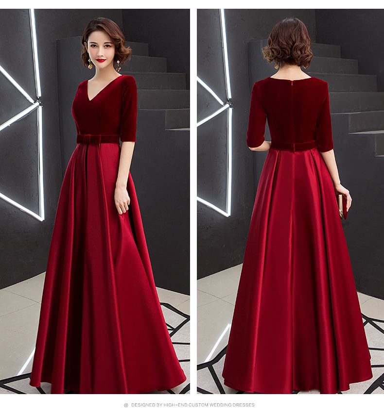 Short-Sleeve V-Neck Plain Velvet A-Line Evening Gown