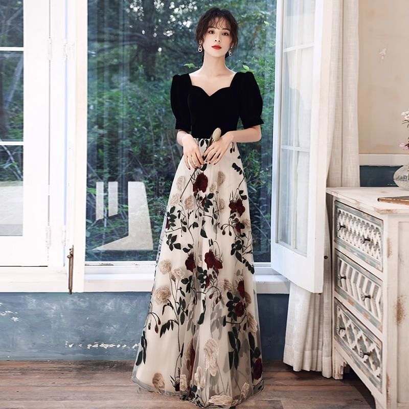 Short-Sleeve Square Neck Floral Panel Evening Gown / Cocktail Dress (Various Designs)