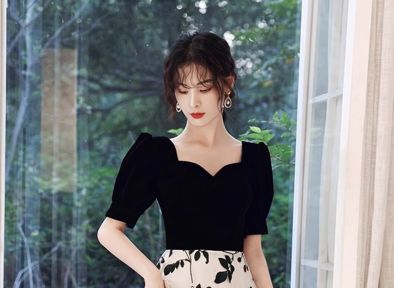 Short-Sleeve Square Neck Floral Panel Evening Gown / Cocktail Dress (Various Designs)