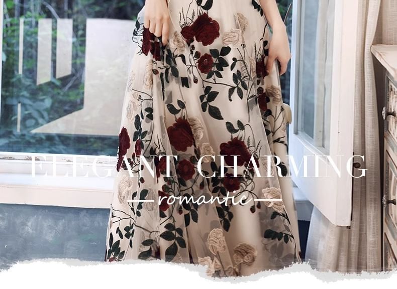 Short-Sleeve Square Neck Floral Panel Evening Gown / Cocktail Dress (Various Designs)