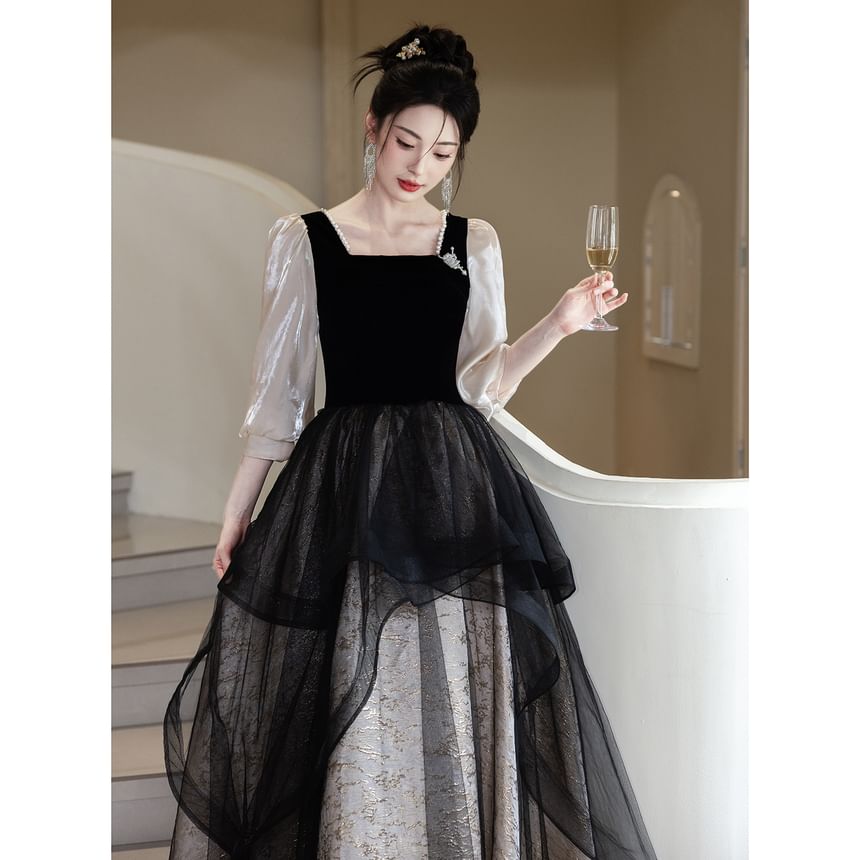 Square Neck Faux Pearl Trim Panel Mesh Overlay Jacquard A-Line Evening Gown (Various Designs)