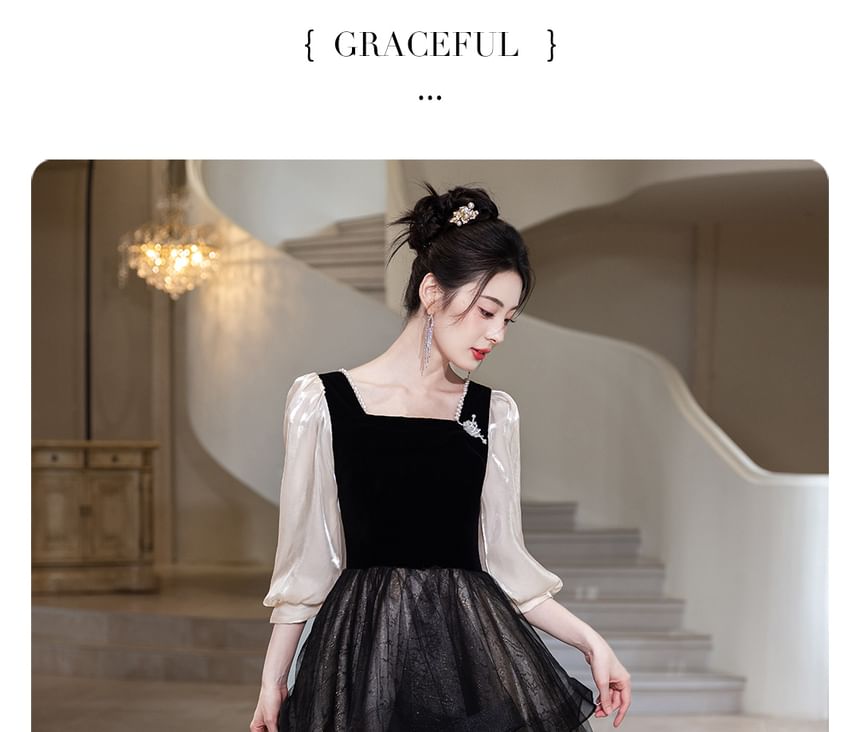 Square Neck Faux Pearl Trim Panel Mesh Overlay Jacquard A-Line Evening Gown (Various Designs)