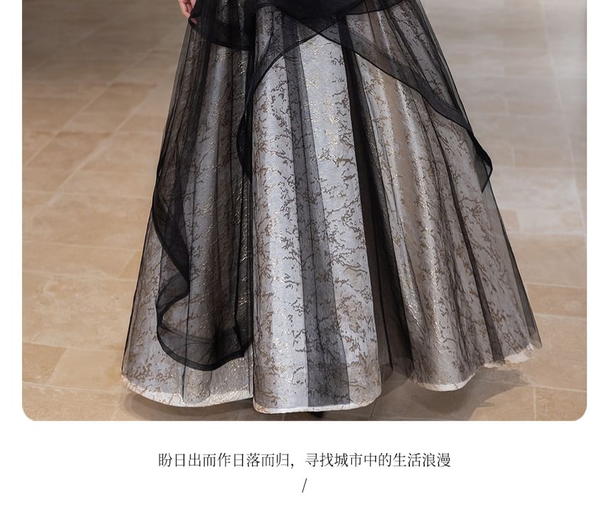 Square Neck Faux Pearl Trim Panel Mesh Overlay Jacquard A-Line Evening Gown (Various Designs)