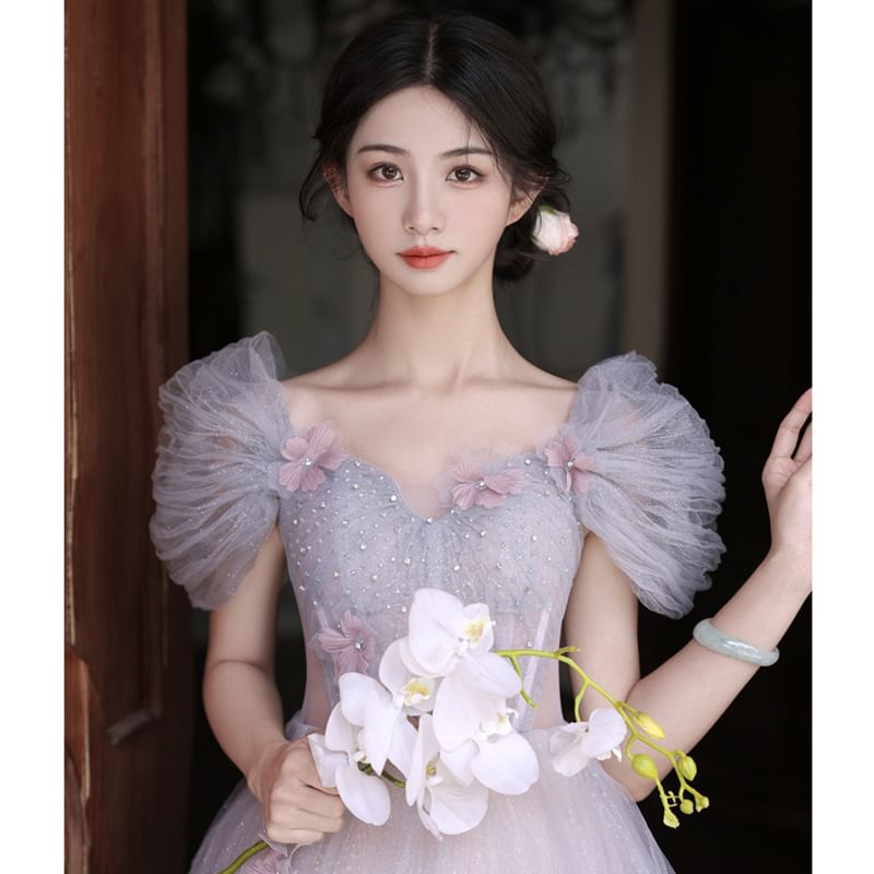 Short-Sleeve Mesh A-Line Evening Gown