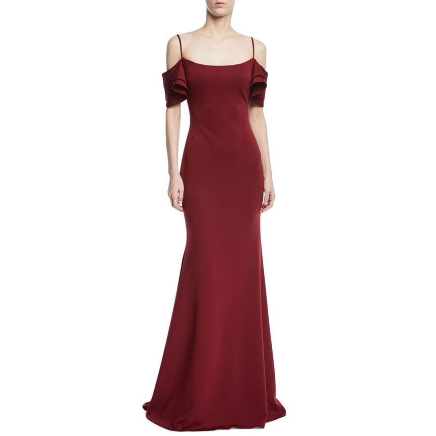 Short-Sleeve Cold-Shoulder Plain Open Back Maxi Sheath Evening Gown