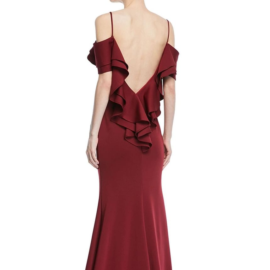 Short-Sleeve Cold-Shoulder Plain Open Back Maxi Sheath Evening Gown