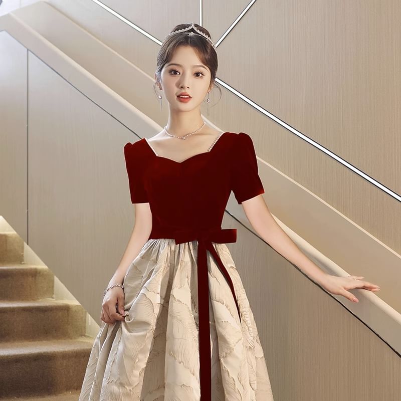 Sweetheart Neck Bow Panel Jacquard A-Line Evening Gown / Midi Cocktail Dress (Various Designs)