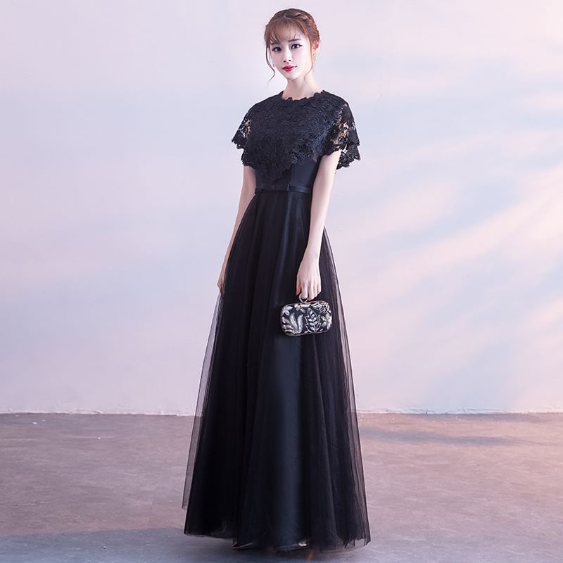 Short Sleeve Round Neck Plain Bow Lace Panel Mesh A-Line Evening Gown