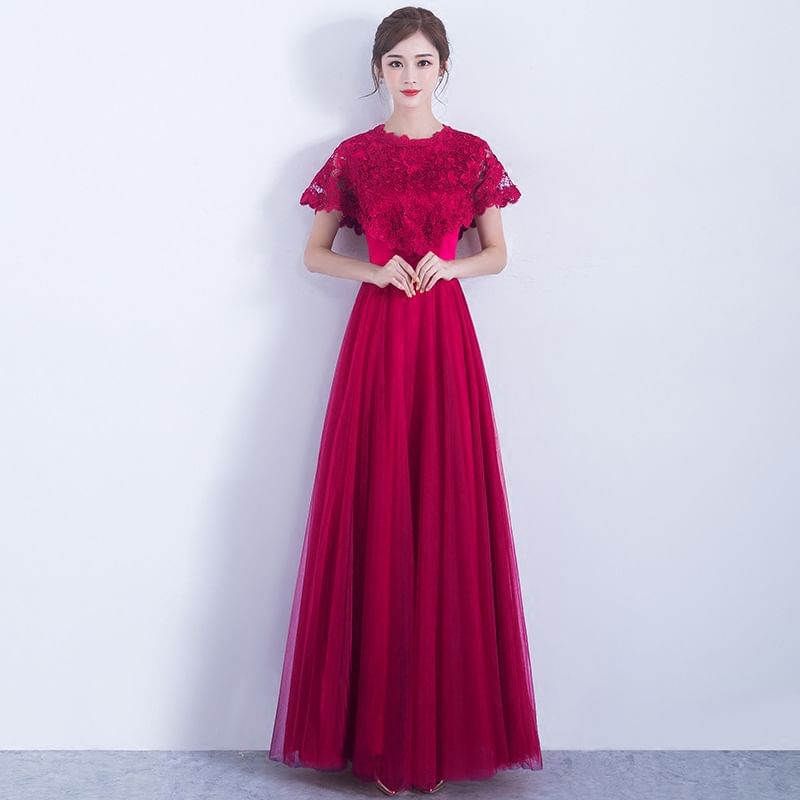 Short Sleeve Round Neck Plain Bow Lace Panel Mesh A-Line Evening Gown