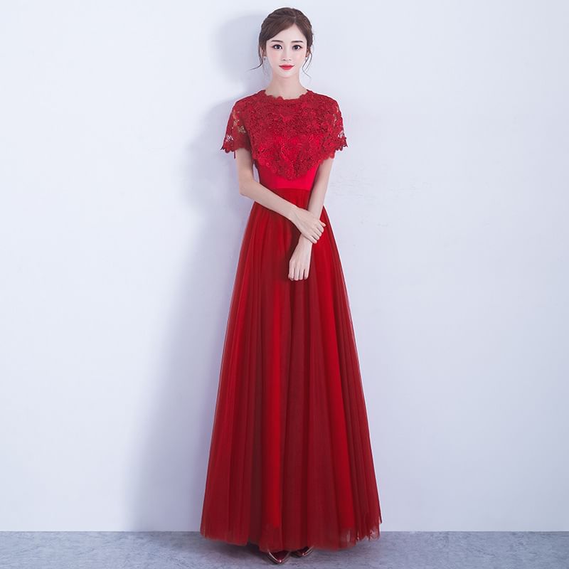 Short Sleeve Round Neck Plain Bow Lace Panel Mesh A-Line Evening Gown