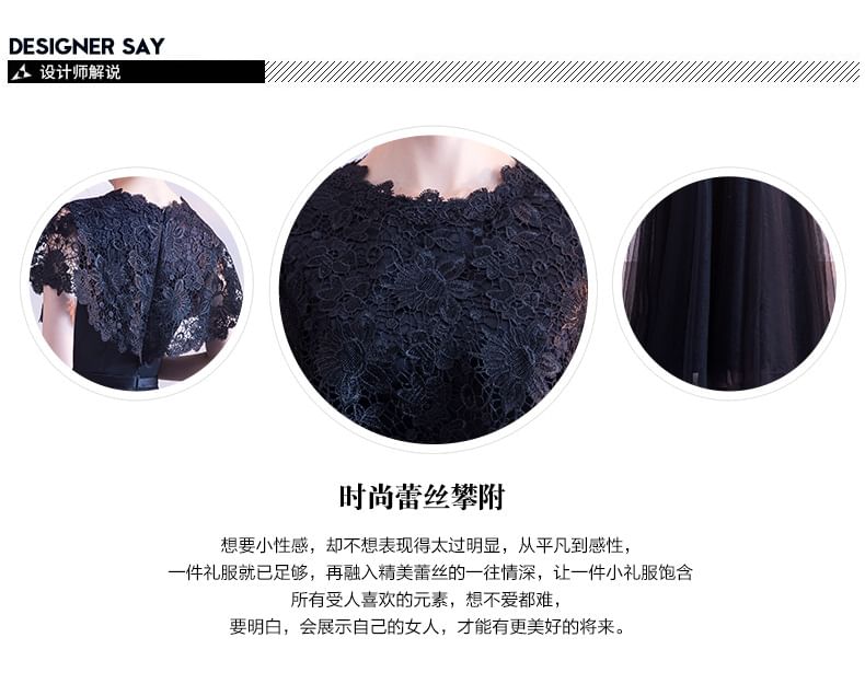 Short Sleeve Round Neck Plain Bow Lace Panel Mesh A-Line Evening Gown