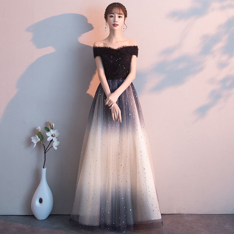 Short Sleeve Off Shoulder Gradient Sequin Panel Mesh A-Line Evening Gown