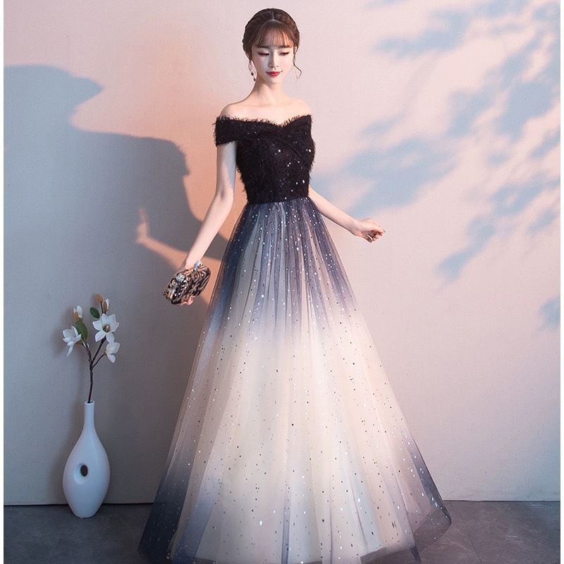 Short Sleeve Off Shoulder Gradient Sequin Panel Mesh A-Line Evening Gown