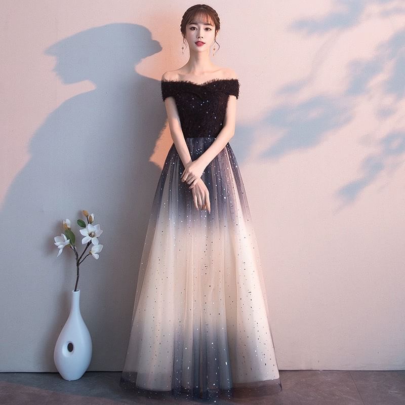 Short Sleeve Off Shoulder Gradient Sequin Panel Mesh A-Line Evening Gown