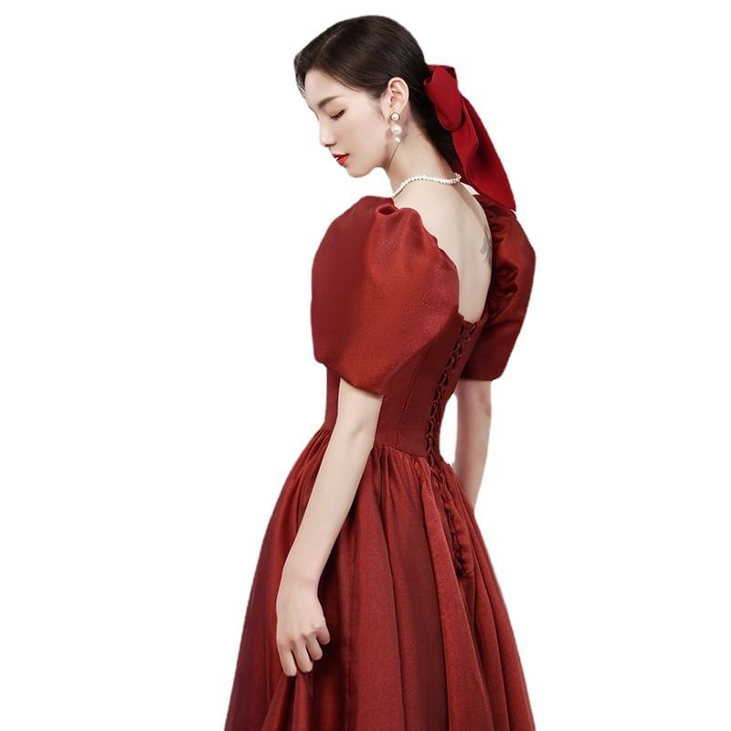 Short Sleeve Square Neck Plain A-Line Evening Gown