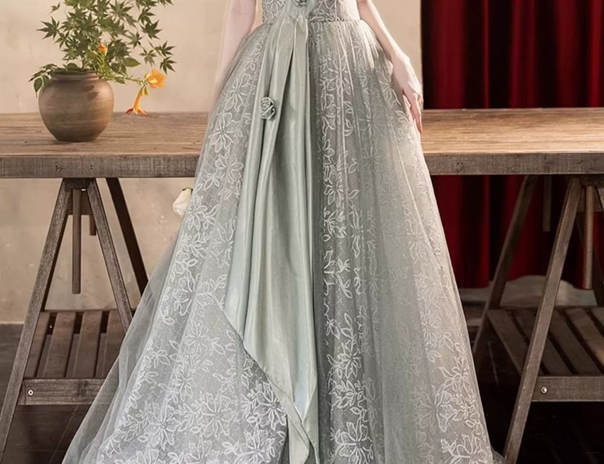 Short Sleeve Off Shoulder Floral Patterned Ruched Panel Lace A-Line Evening Gown