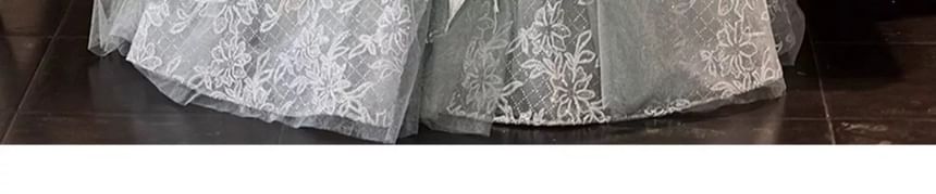 Short Sleeve Off Shoulder Floral Patterned Ruched Panel Lace A-Line Evening Gown