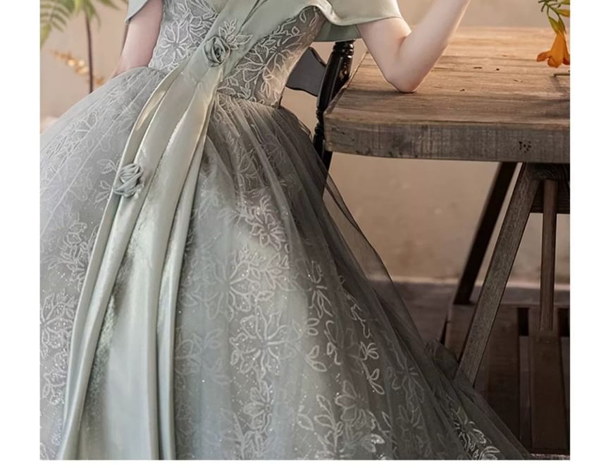 Short Sleeve Off Shoulder Floral Patterned Ruched Panel Lace A-Line Evening Gown