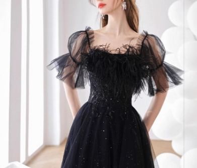 Short Sleeve Square Neck Plain Feather Panel Mesh A-Line Evening Gown