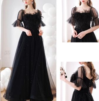 Short Sleeve Square Neck Plain Feather Panel Mesh A-Line Evening Gown