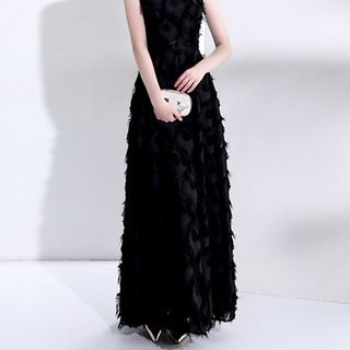 Short-Sleeve Fringed Trim A-Line Evening Gown